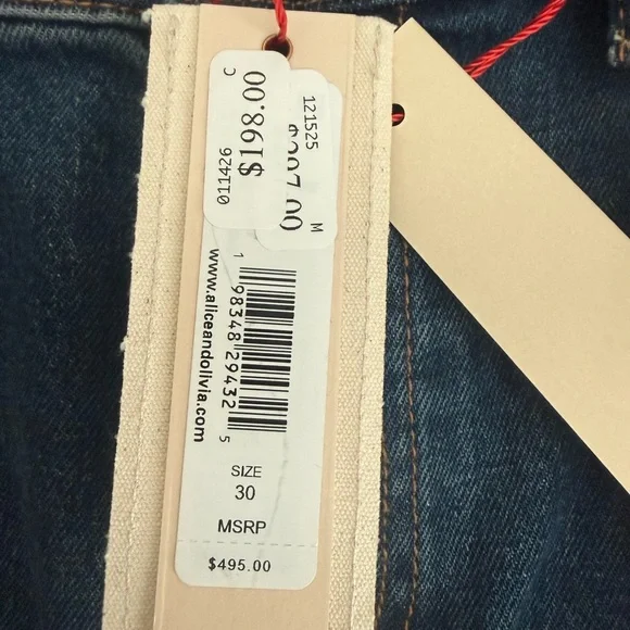 Alice + Olivia Faux Leather Patchwork High Rise Blue Flare Jeans - Picture 9 of 9